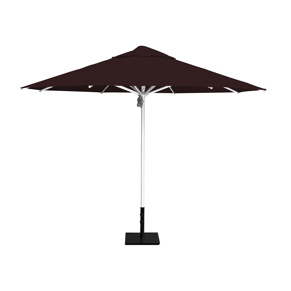 11' Saville octagonal umbrella by Extreme Canopy with brown canopy, silver frame, and 50lb steel base