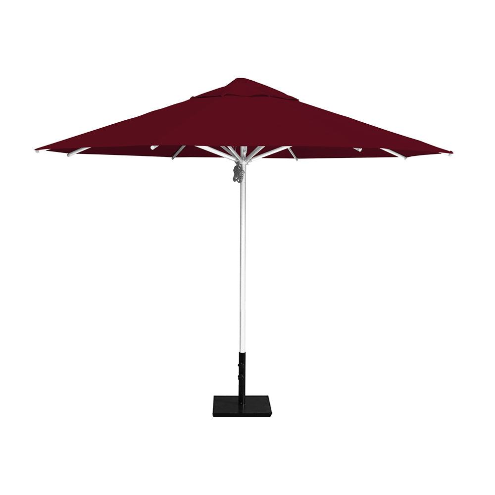 11' Saville octagonal umbrella by Extreme Canopy with burgundy canopy, silver frame, and 50lb steel base