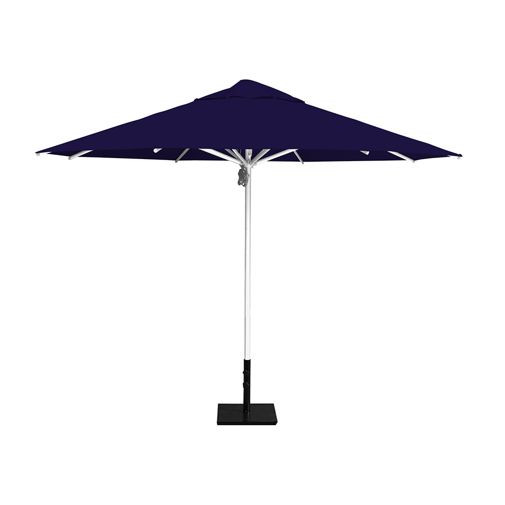 11' Saville octagonal umbrella by Extreme Canopy with navy canopy, silver frame, and 50lb steel base