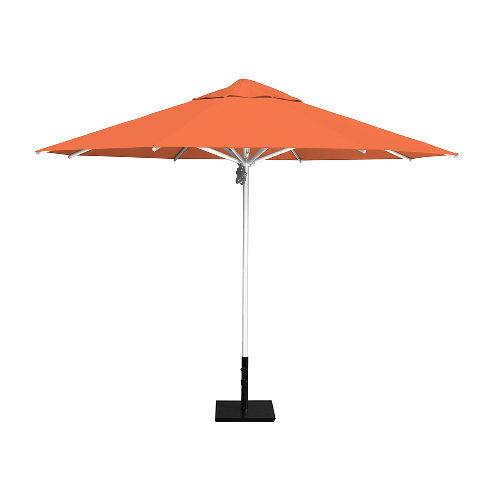 11' Saville octagonal umbrella by Extreme Canopy with orange canopy, silver frame, and 50lb steel base