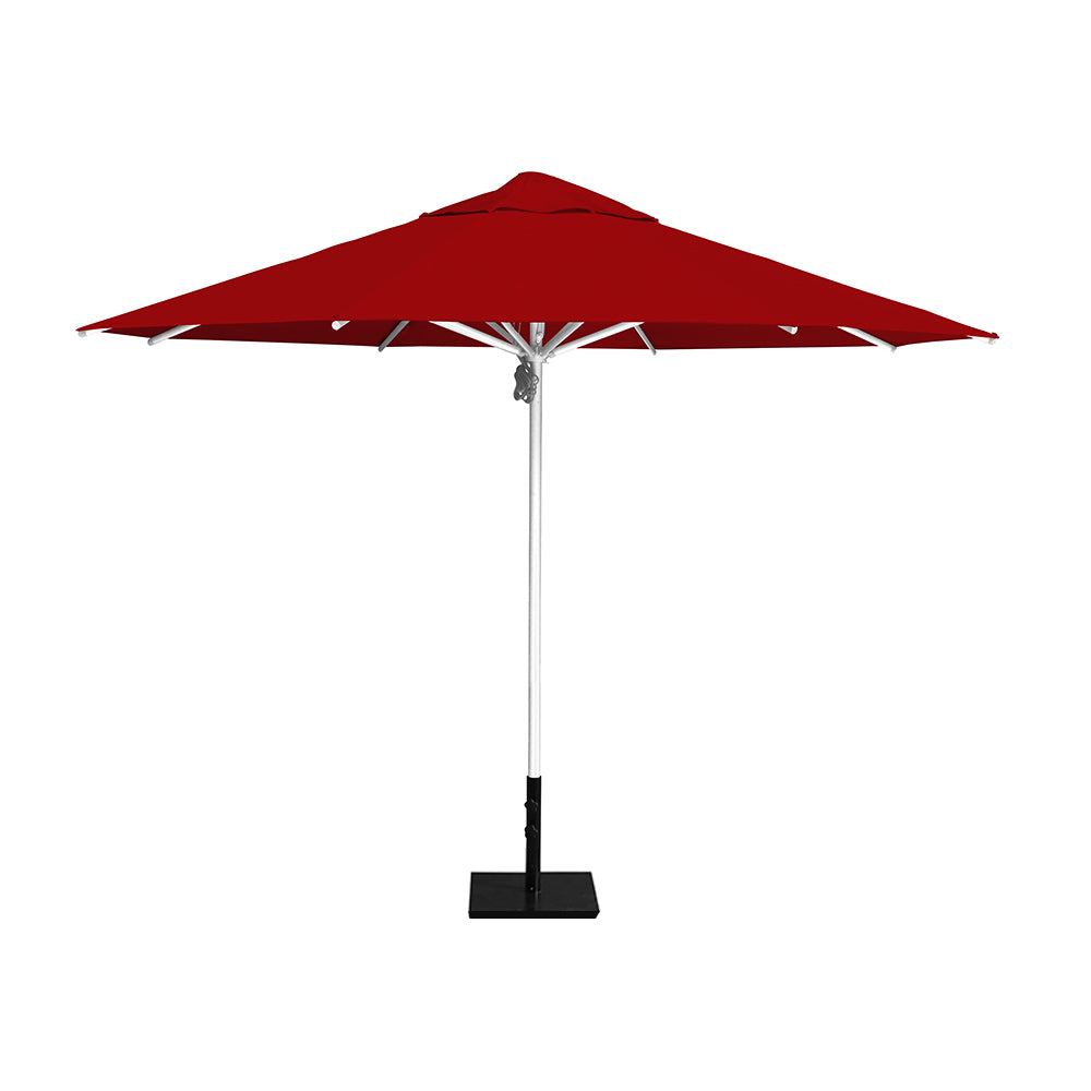 11' Saville octagonal umbrella by Extreme Canopy with red canopy, silver frame, and 50lb steel base