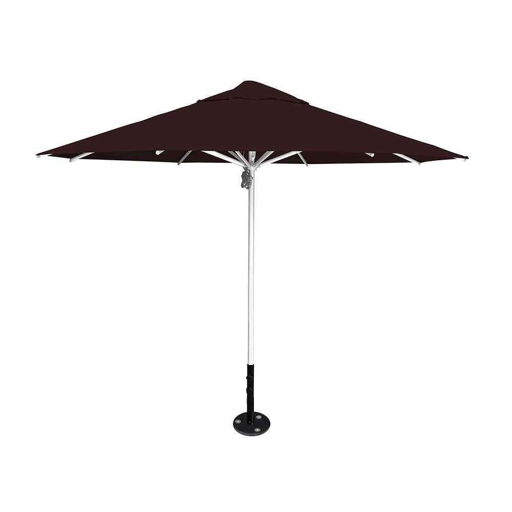 11' diameter Saville octagonal umbrella featuring a brown canopy and silver aluminum frame and inground base by Extreme Canopy