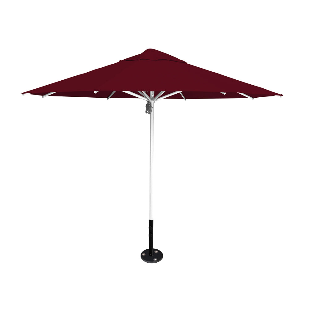 11' diameter Saville octagonal umbrella featuring a burgundy canopy and silver aluminum frame and inground base by Extreme Canopy