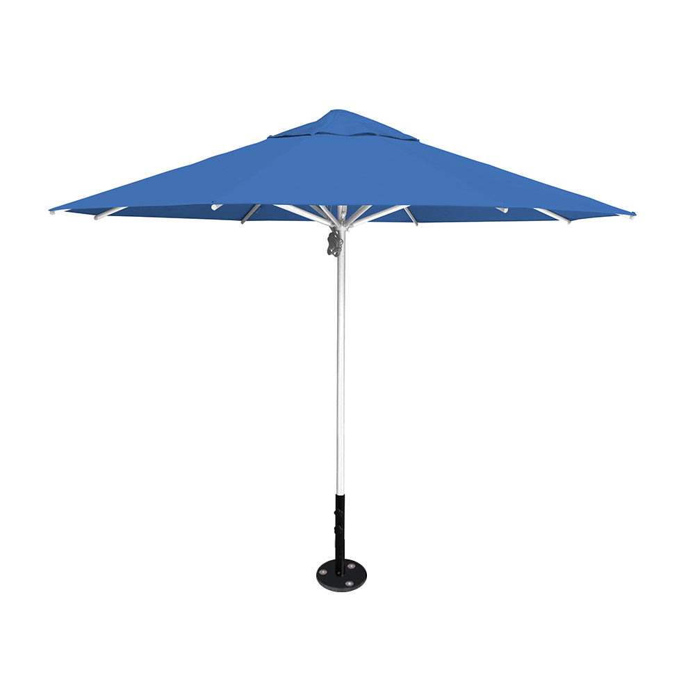 11' diameter Saville octagonal umbrella featuring a capri canopy and silver aluminum frame and inground base by Extreme Canopy