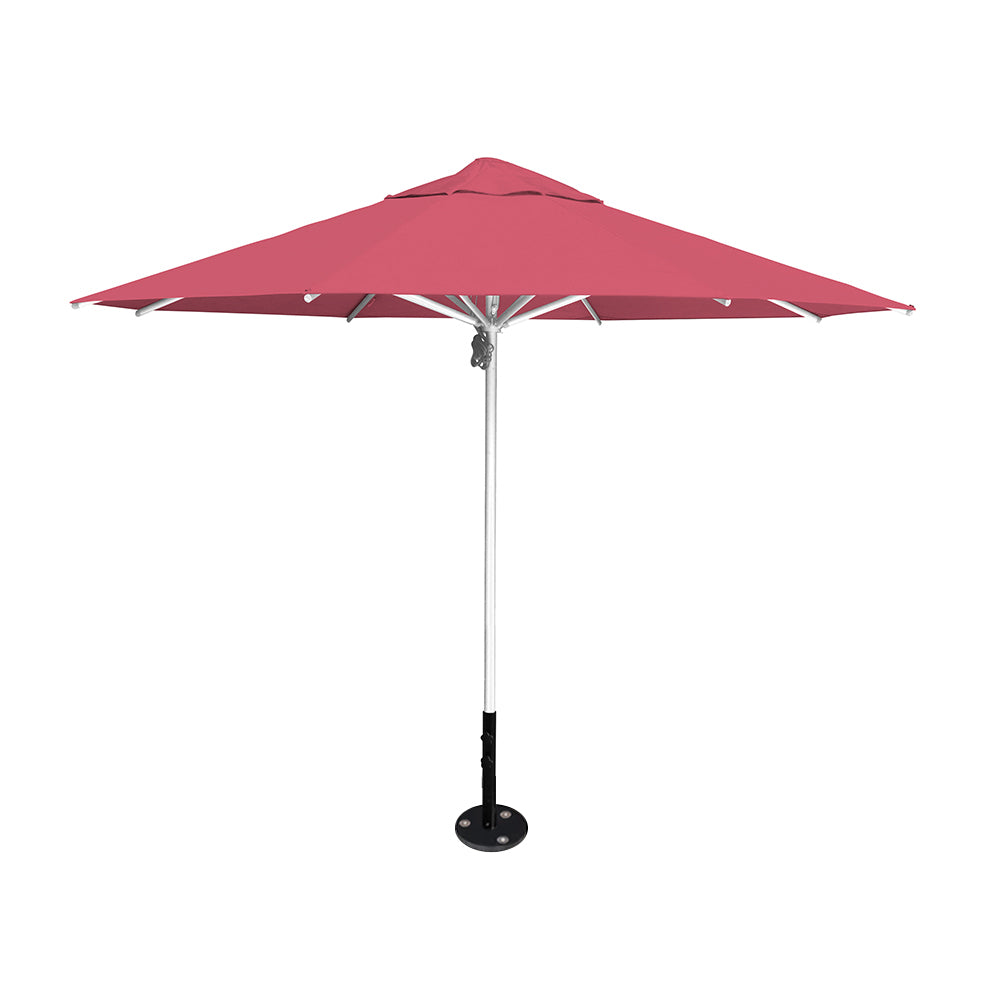 11' diameter Saville octagonal umbrella featuring a coral canopy and silver aluminum frame and inground base by Extreme Canopy