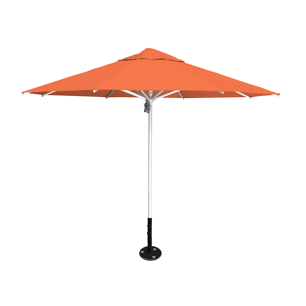 11' diameter Saville octagonal umbrella featuring a orange canopy and silver aluminum frame and inground base by Extreme Canopy