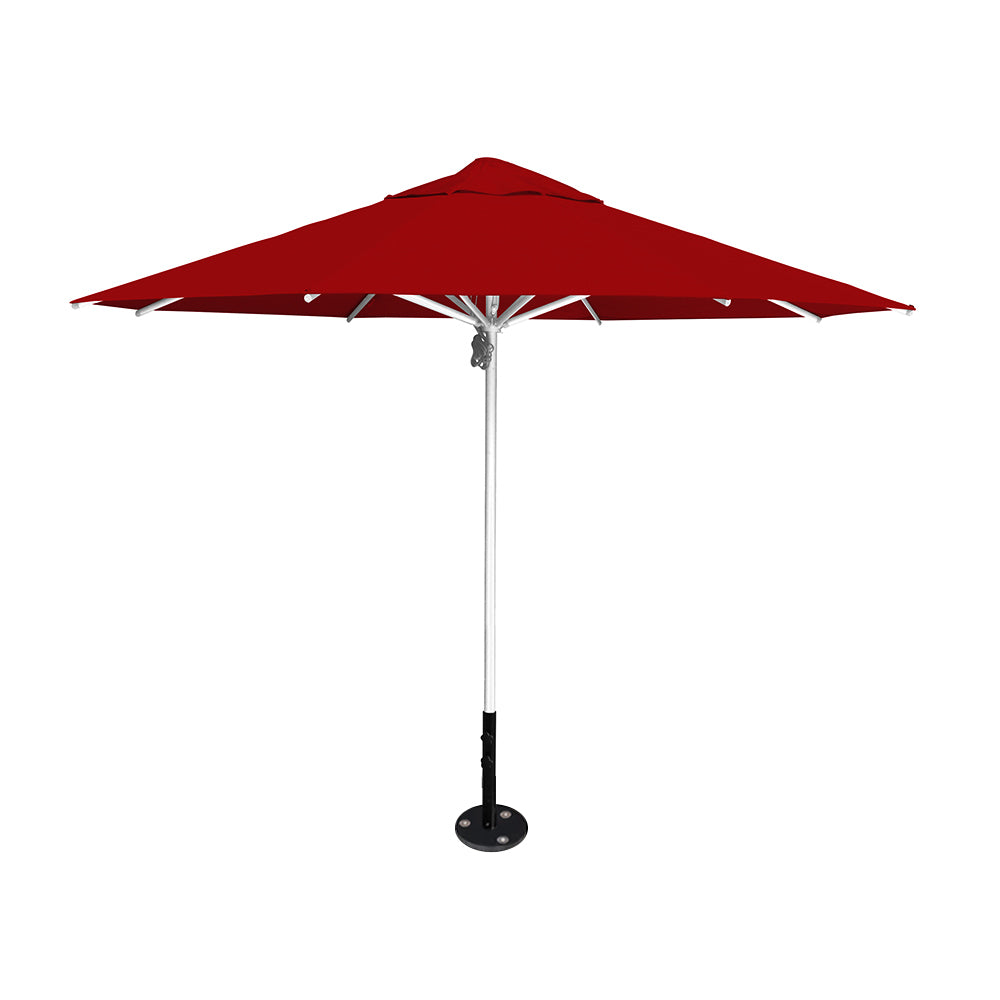 11' diameter Saville octagonal umbrella featuring a red canopy and silver aluminum frame and inground base by Extreme Canopy