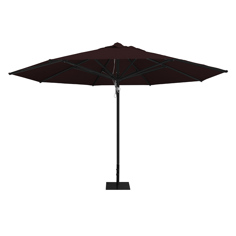 13' Saville octagonal brown patio umbrella by Extreme Canopy with black frame, and 26lb steel base.