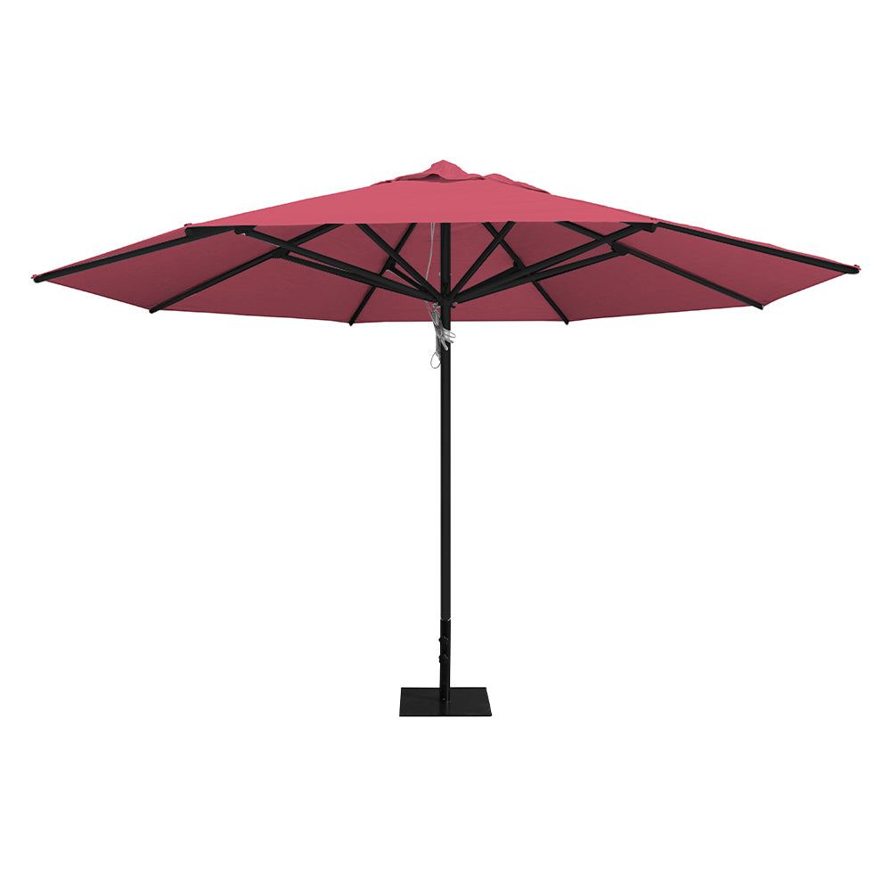 Coral 13' saville octagonal outdoor umbrella featuring a black frame and 26lb steel base by Extreme Canopy