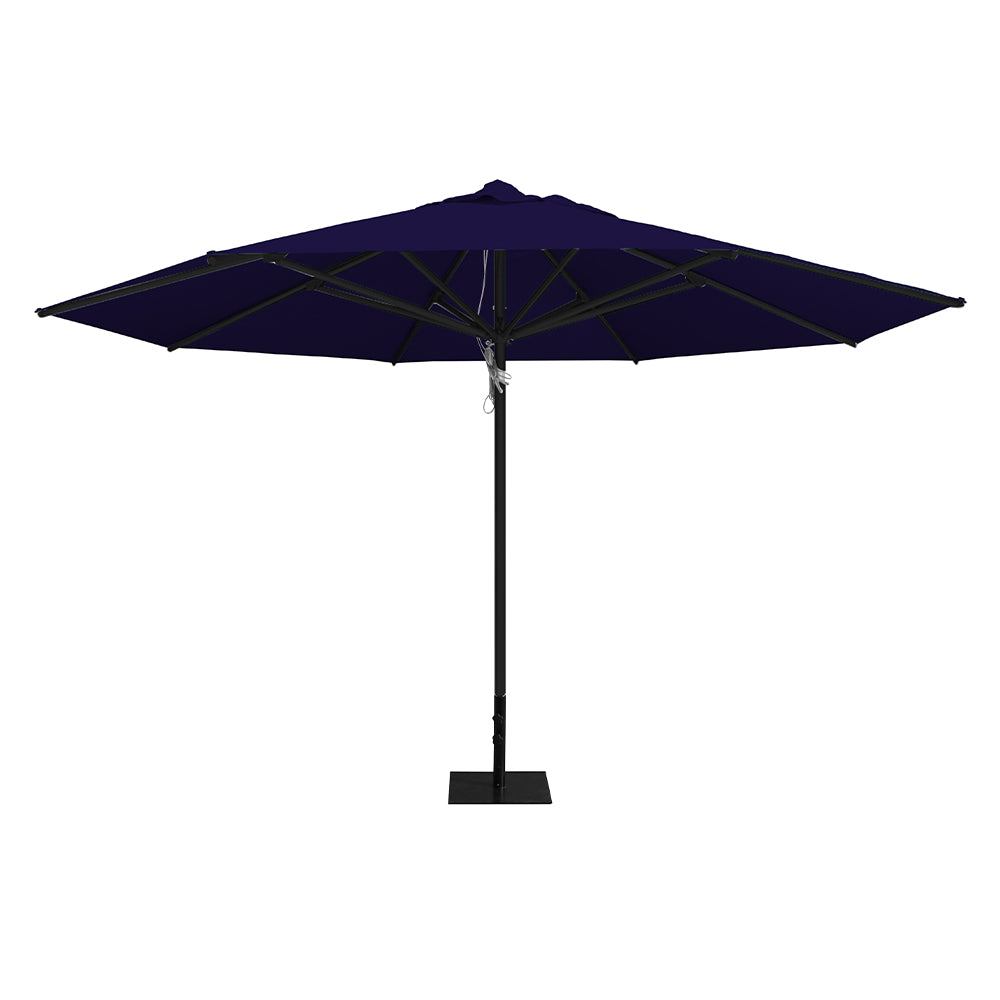 Navy 13' saville octagonal outdoor umbrella featuring a black frame and 26lb steel base by Extreme Canopy