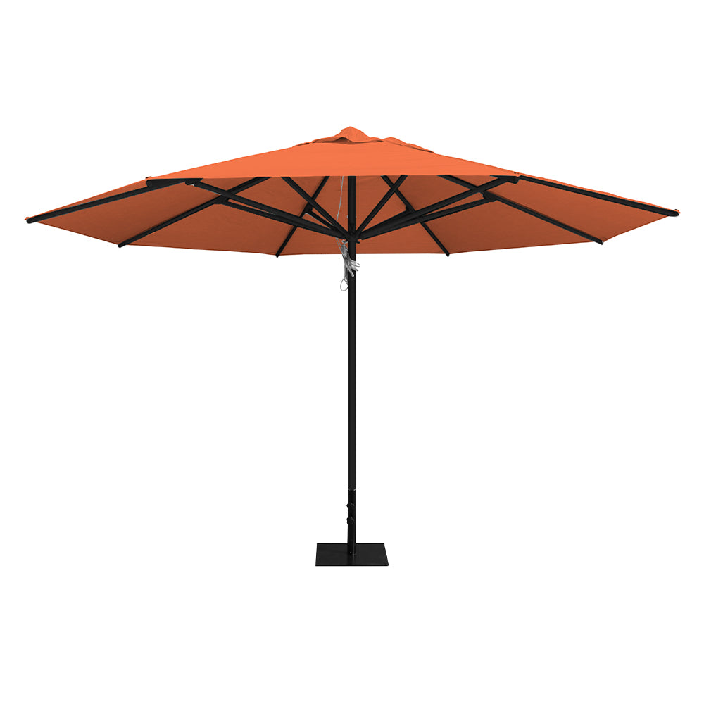 Orange 13' saville octagonal outdoor umbrella featuring a black frame and 26lb steel base by Extreme Canopy