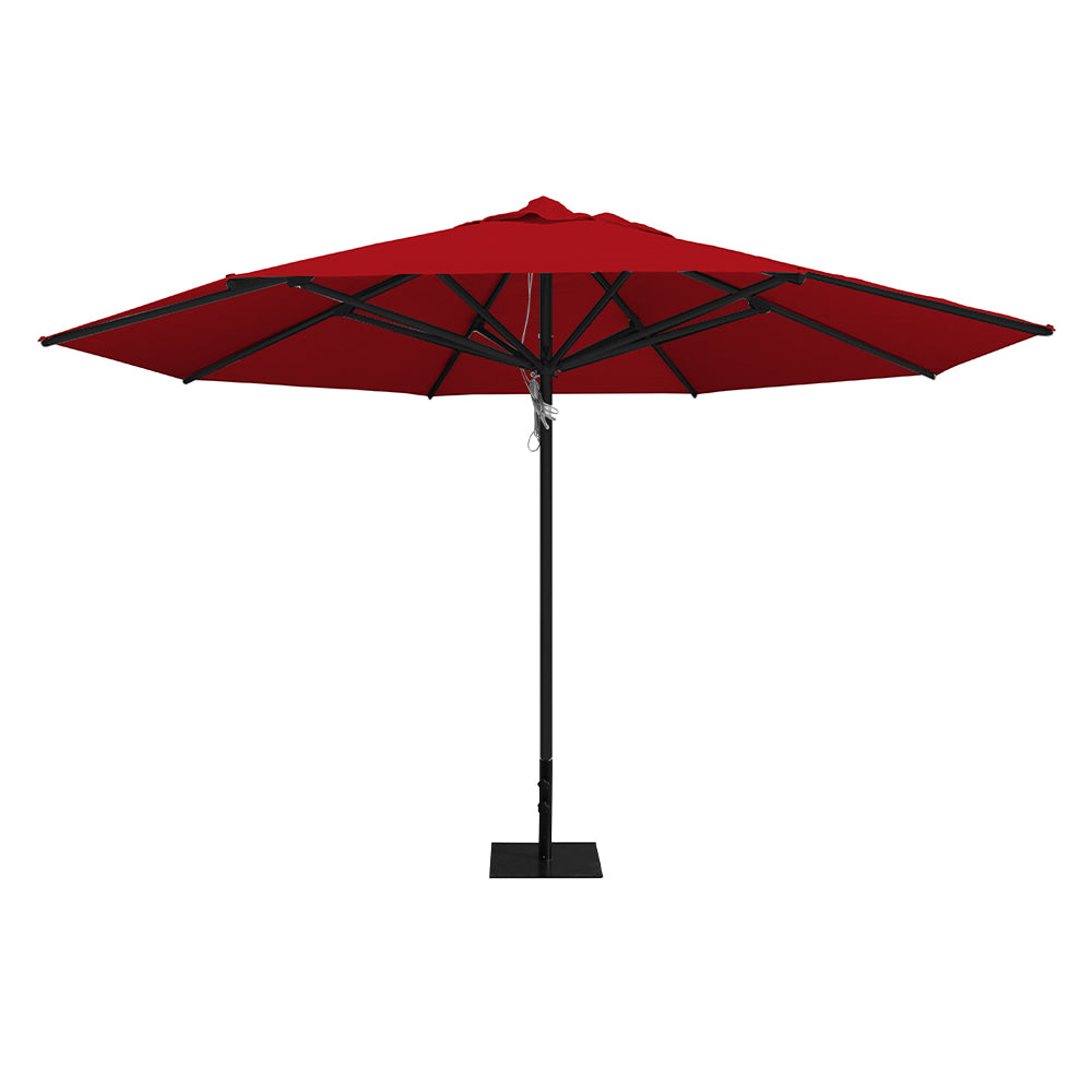 Red 13' saville octagonal outdoor umbrella featuring a black frame and 26lb steel base by Extreme Canopy