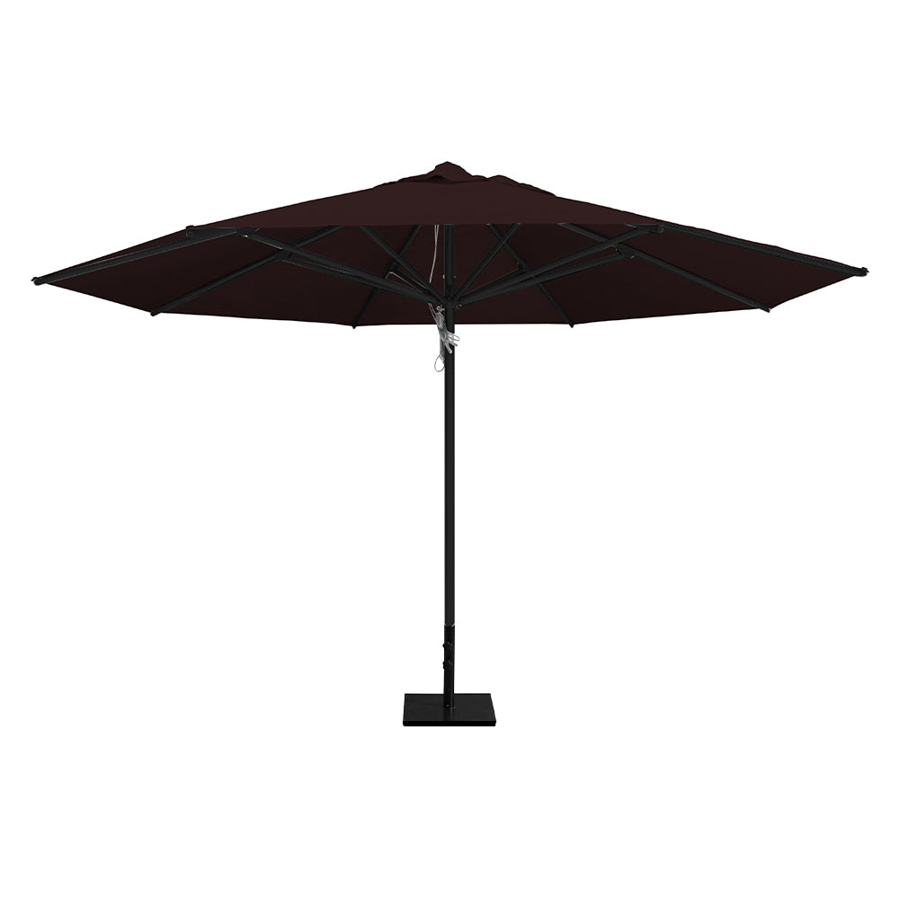 Brown 13' saville octagonal outdoor umbrella featuring a black frame and 50lb steel base by Extreme Canopy