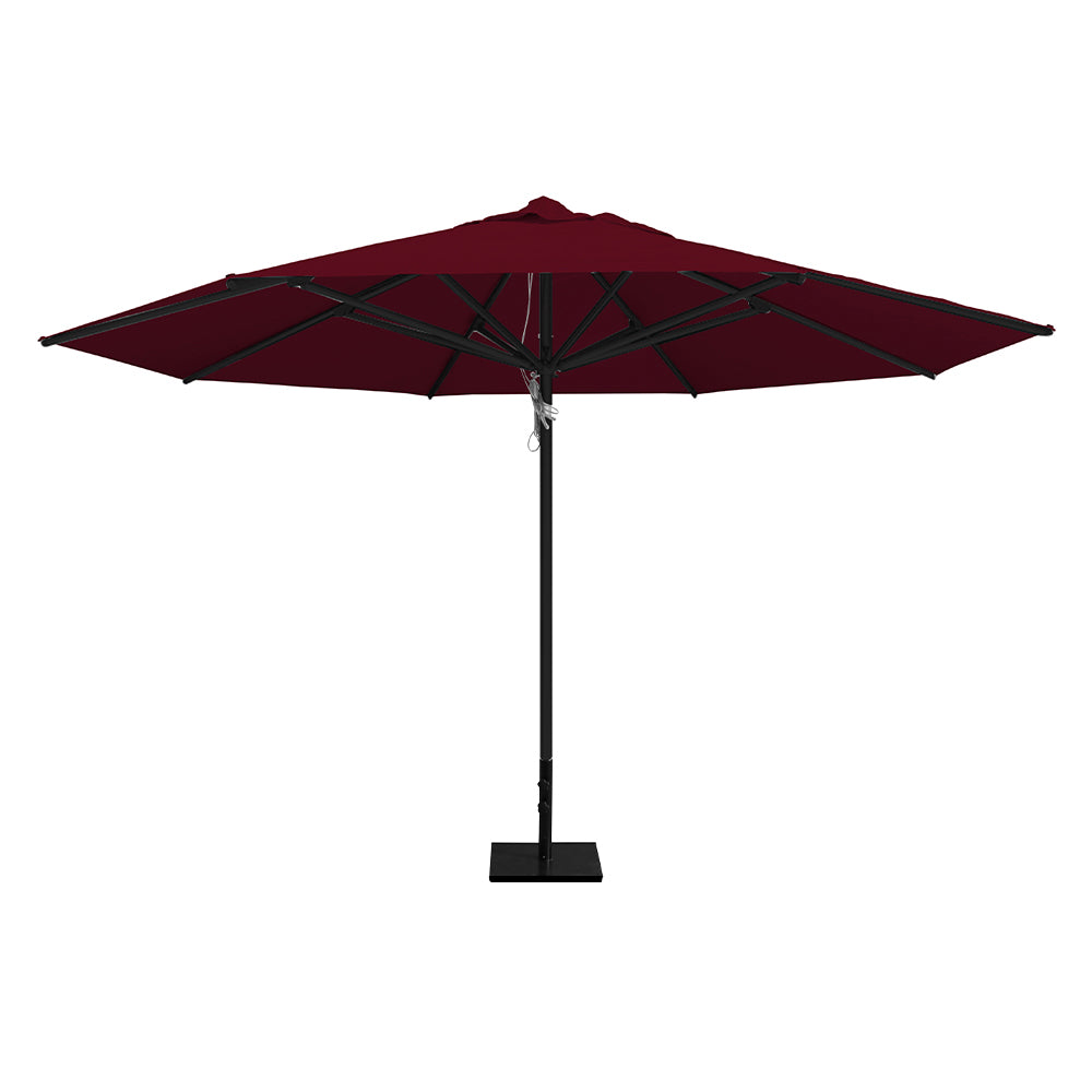 Burgundy 13' saville octagonal outdoor umbrella featuring a black frame and 50lb steel base by Extreme Canopy