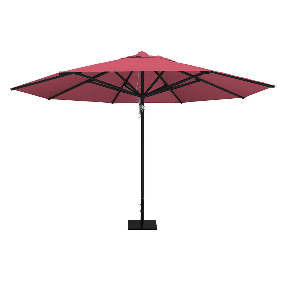 Coral 13' saville octagonal outdoor umbrella featuring a black frame and 50lb steel base by Extreme Canopy