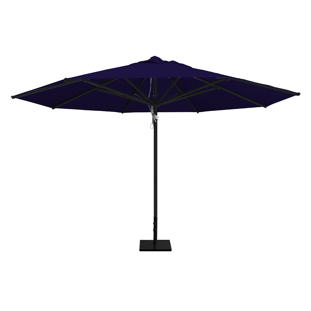 Navy 13' saville octagonal outdoor umbrella featuring a black frame and 50lb steel base by Extreme Canopy