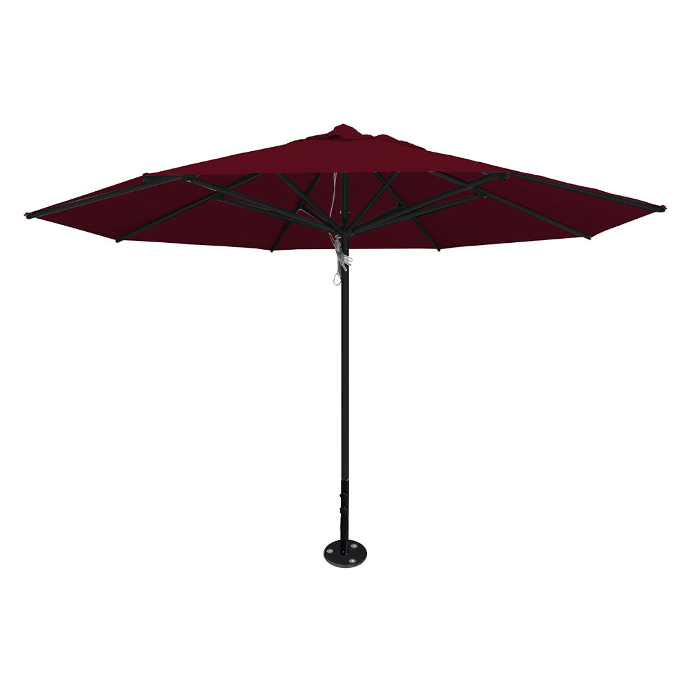 Burgundy 13' saville octagonal outdoor umbrella featuring a black frame and inground base by Extreme Canopy