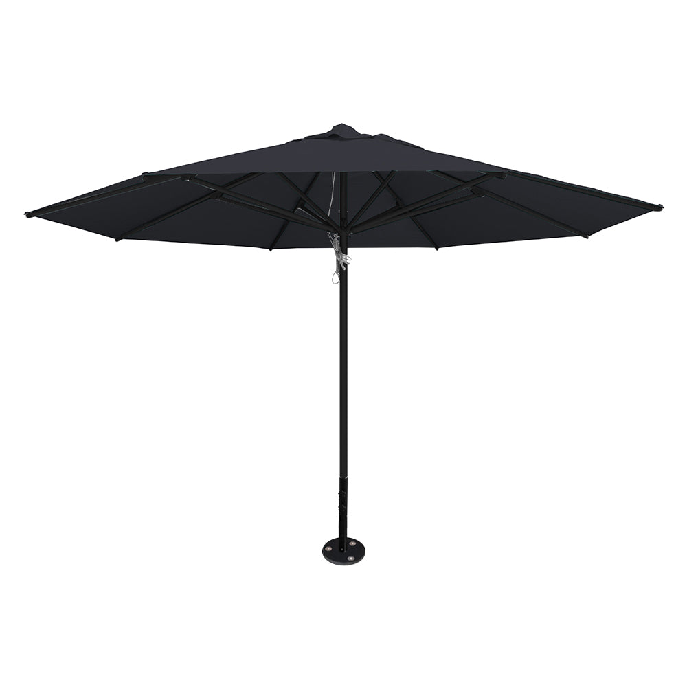 Charcoal 13' saville octagonal outdoor umbrella featuring a black frame and inground base by Extreme Canopy