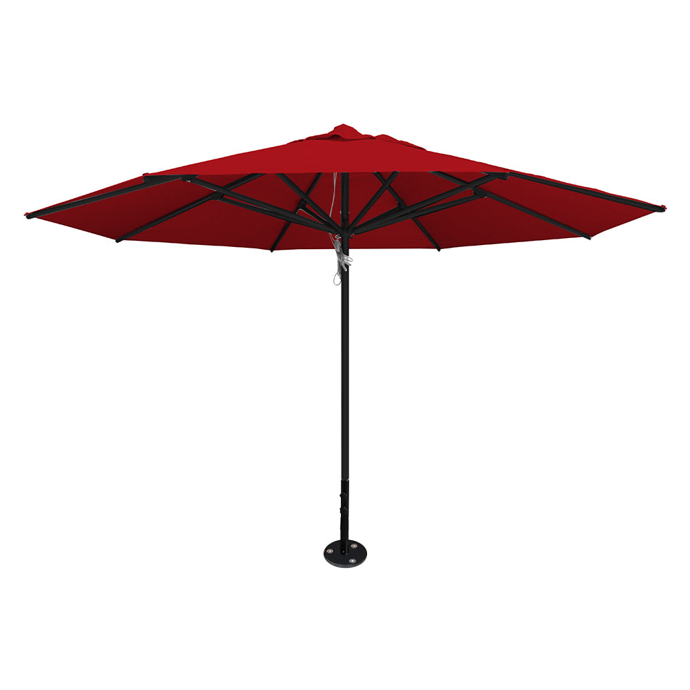 Red 13' saville octagonal outdoor umbrella featuring a black frame and inground base by Extreme Canopy