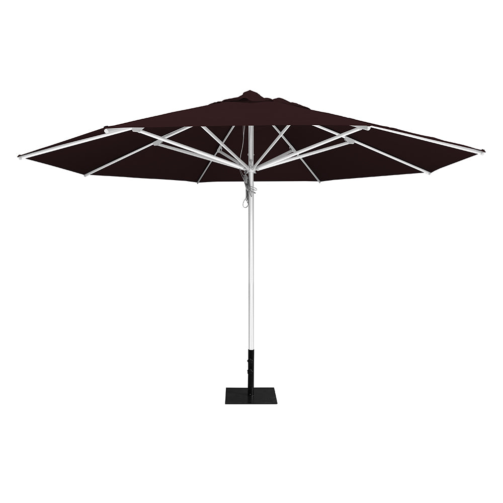 Brown 13' saville octagonal outdoor umbrella featuring a white frame and 26lb Base Plate by Extreme Canopy