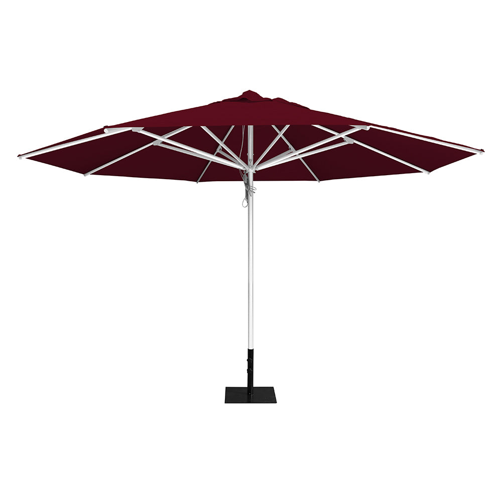 Burgundy 13' saville octagonal outdoor umbrella featuring a white frame and 26lb Base Plate by Extreme Canopy