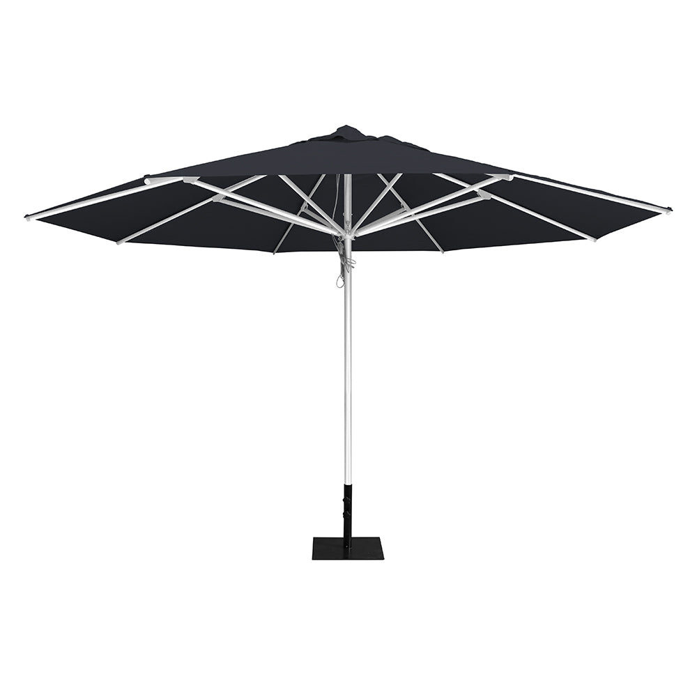 Charcoal 13' saville octagonal outdoor umbrella featuring a white frame and 26lb Base Plate by Extreme Canopy
