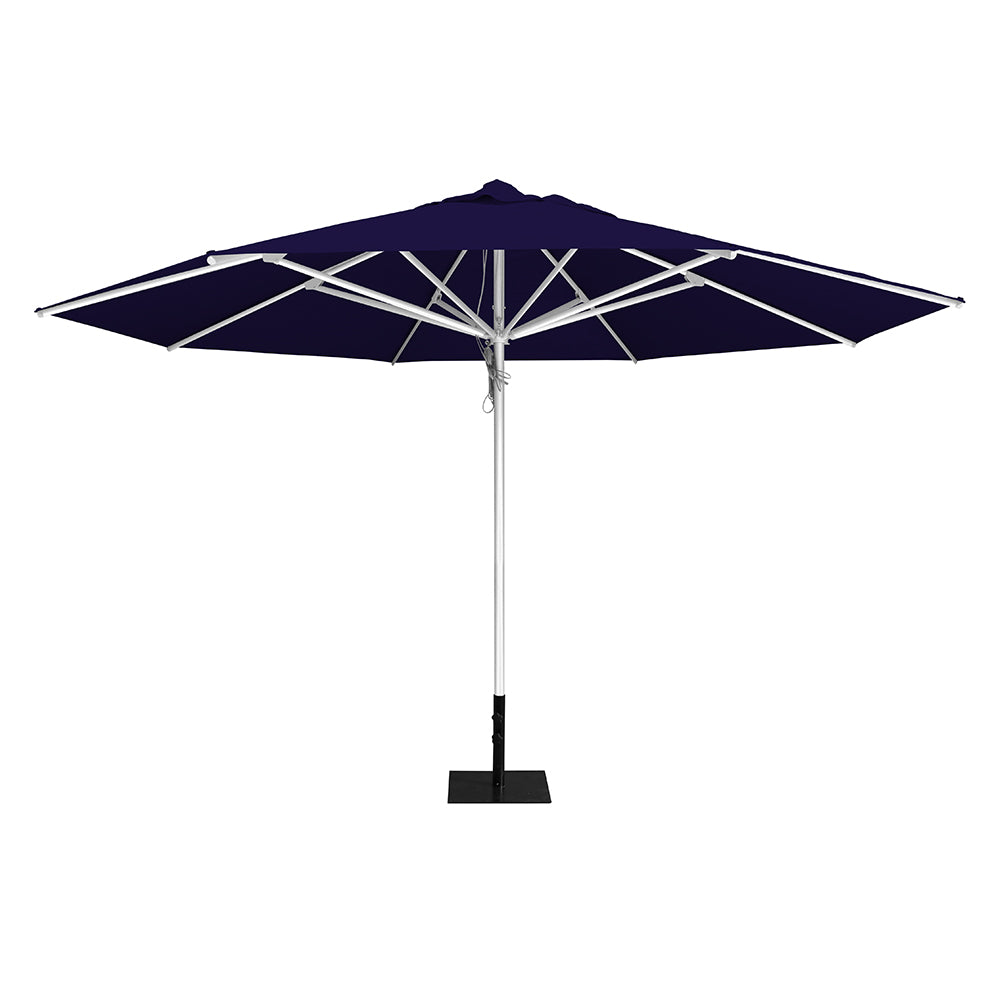 Navy 13' saville octagonal outdoor umbrella featuring a white frame and 26lb Base Plate by Extreme Canopy