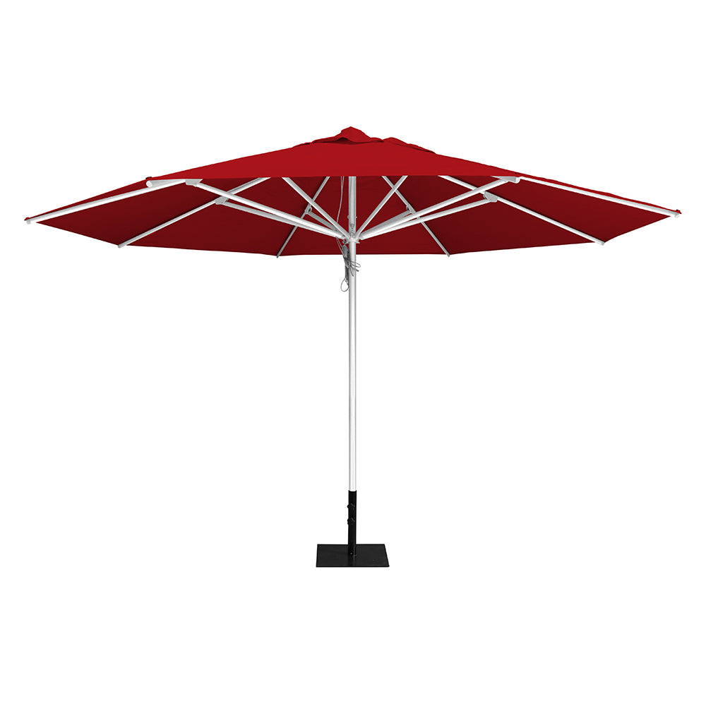 Red 13' saville octagonal outdoor umbrella featuring a white frame and 26lb Base Plate by Extreme Canopy