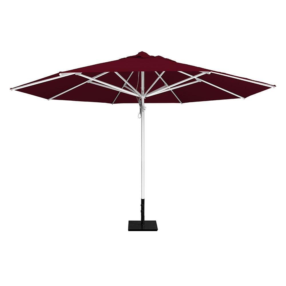 Burgundy 13' saville octagonal outdoor umbrella featuring a white frame and 50lb Base Plate by Extreme Canopy