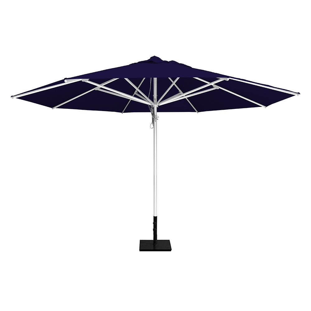 Navy 13' saville octagonal outdoor umbrella featuring a white frame and 50lb Base Plate by Extreme Canopy