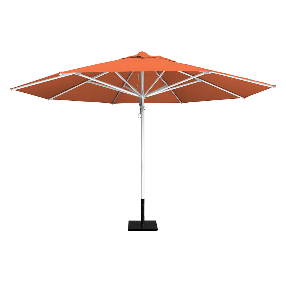 Orange 13' saville octagonal outdoor umbrella featuring a white frame and 50lb Base Plate by Extreme Canopy