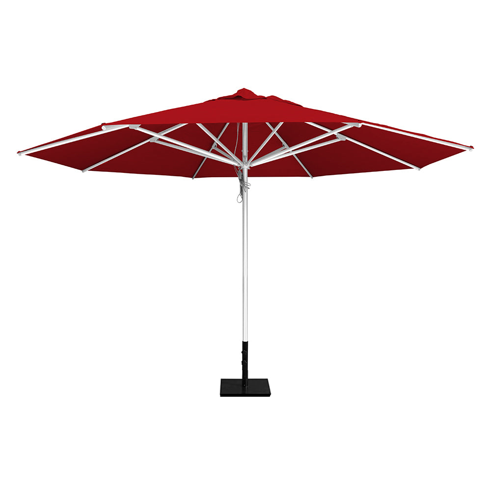 Red 13' saville octagonal outdoor umbrella featuring a white frame and 50lb Base Plate by Extreme Canopy