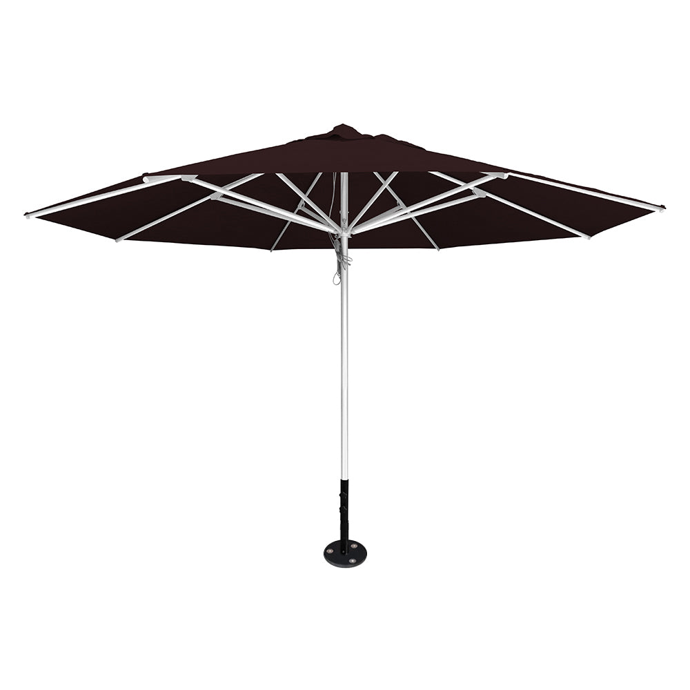 Brown 13' saville octagonal outdoor umbrella featuring a silver frame and inground base by Extreme Canopy