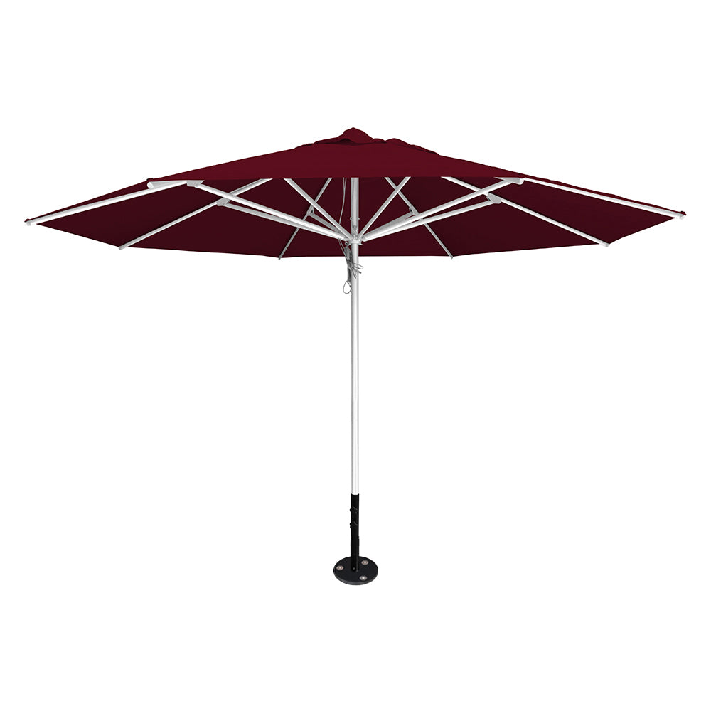 Burgundy 13' saville octagonal outdoor umbrella featuring a silver frame and inground base by Extreme Canopy