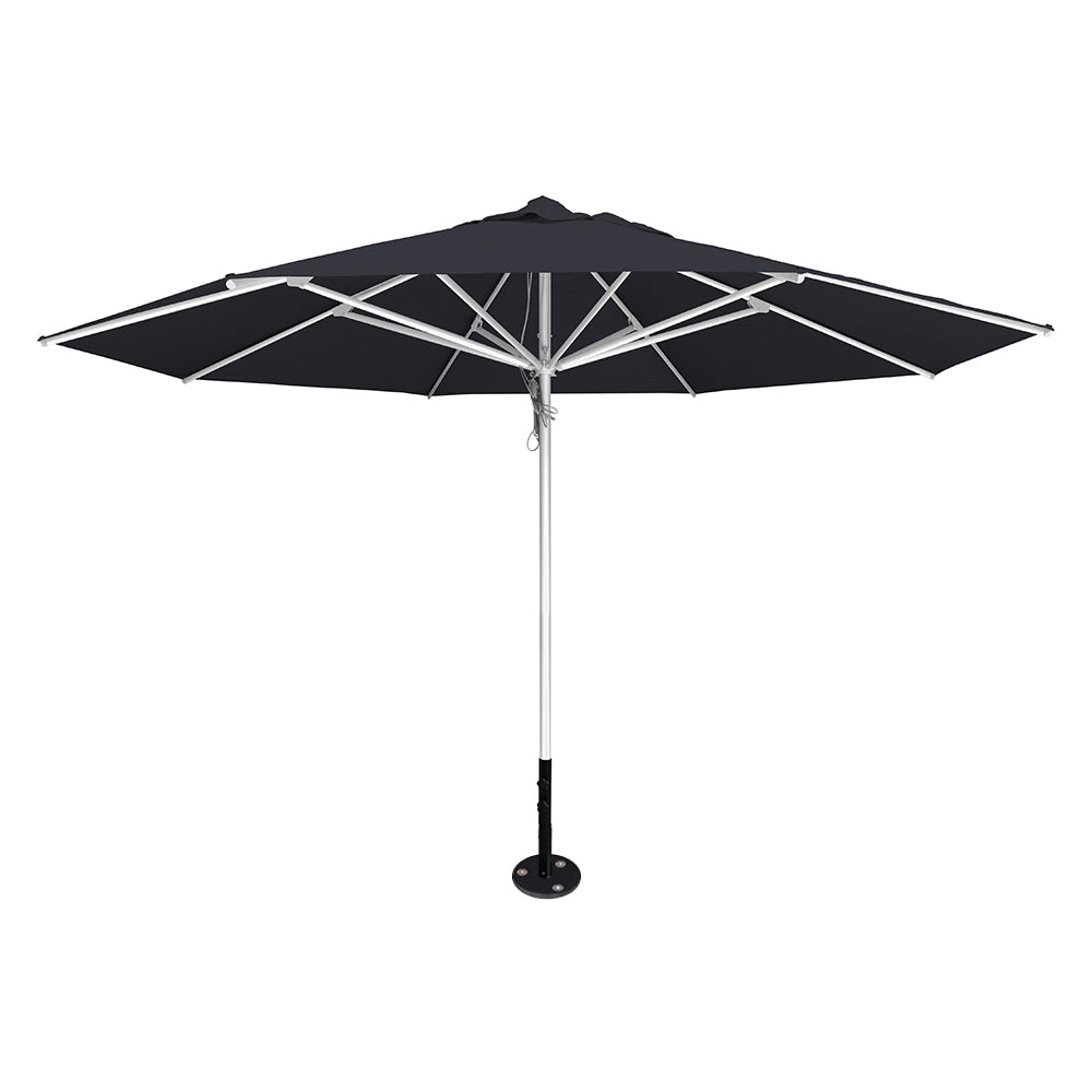 Charcoal 13' saville octagonal outdoor umbrella featuring a silver frame and inground base by Extreme Canopy