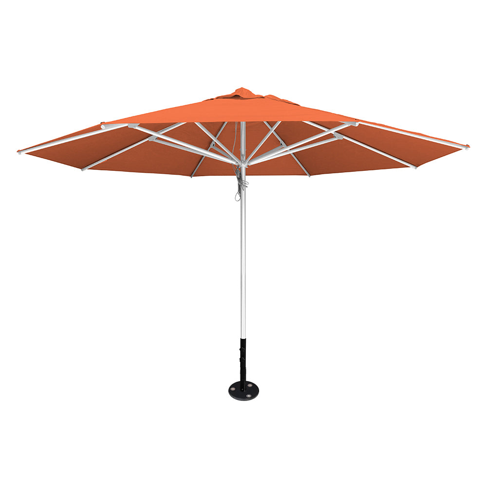 Orange 13' saville octagonal outdoor umbrella featuring a silver frame and inground base by Extreme Canopy