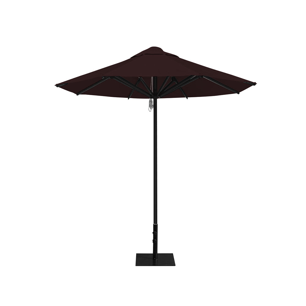 8' Saville octagonal outdoor umbrella from Extreme Canopy with brown canopy, durable black frame, and 26 lb steel base for stability.
