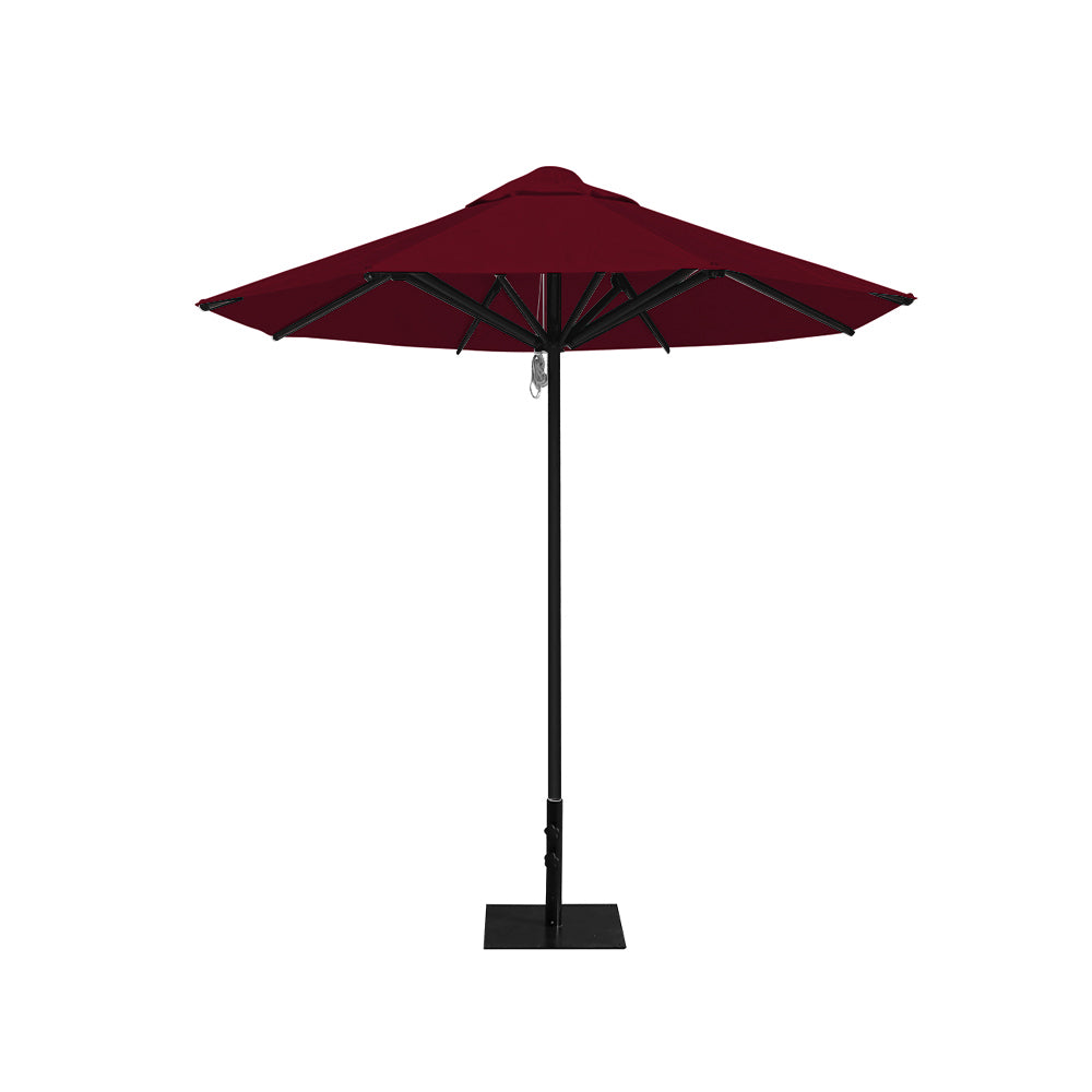8' Saville octagonal outdoor umbrella from Extreme Canopy with burgundy canopy, durable black frame, and 26 lb steel base for stability.