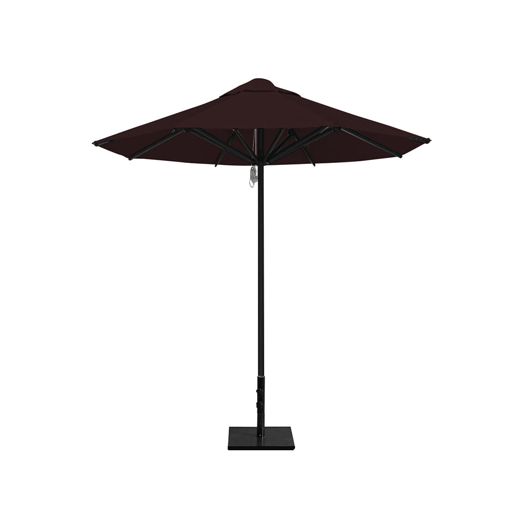 8' Saville octagonal outdoor umbrella from Extreme Canopy with brown canopy, durable black frame, and 50 lb steel base for stability.