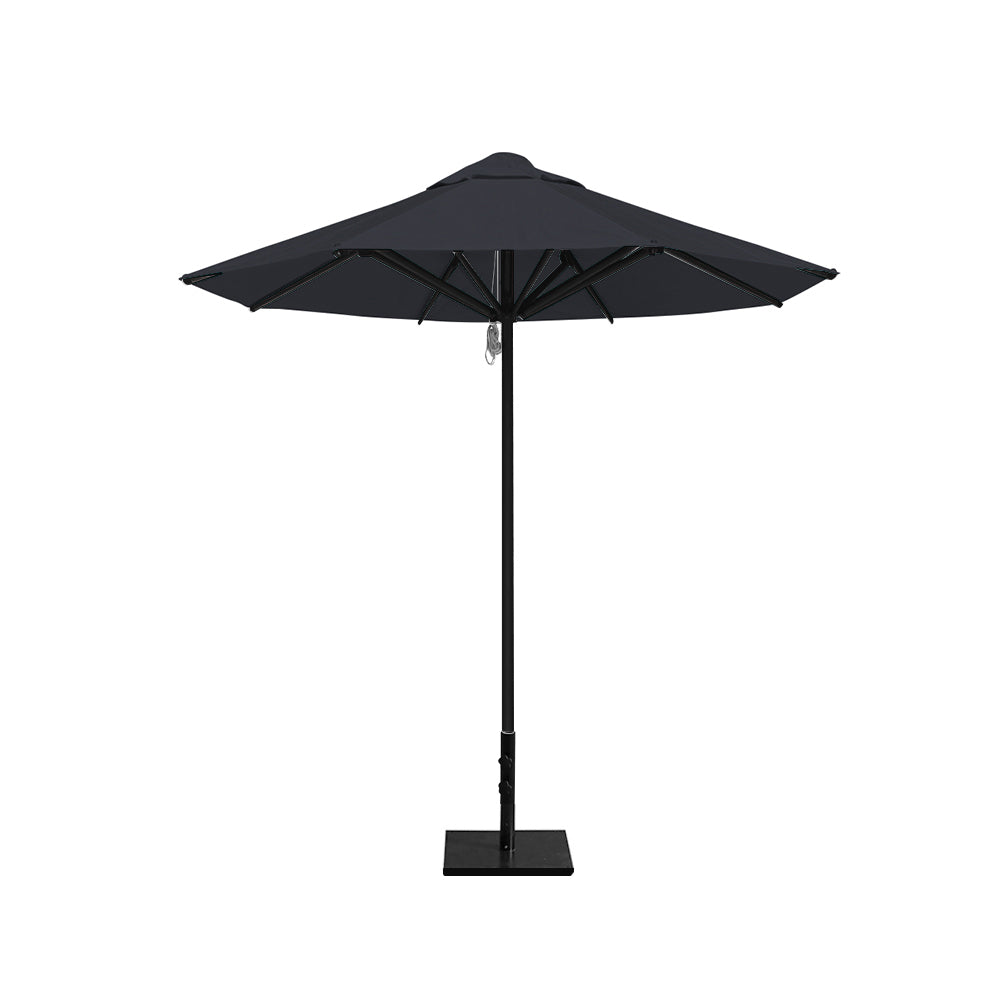 8' Saville octagonal outdoor umbrella from Extreme Canopy with charcoal canopy, durable black frame, and 50 lb steel base for stability.