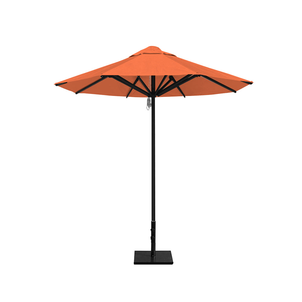 8' Saville octagonal outdoor umbrella from Extreme Canopy with orange canopy, durable black frame, and 50lb steel base for stability.