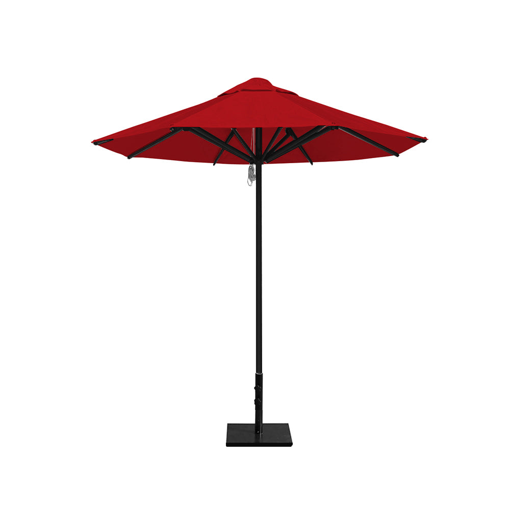 8' Saville octagonal outdoor umbrella from Extreme Canopy with red canopy, durable black frame, and 50lb steel base for stability.