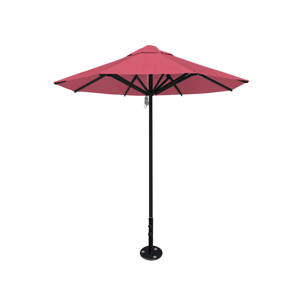 8' Saville octagonal outdoor umbrella from Extreme Canopy with coral canopy, durable black frame, and inground base.