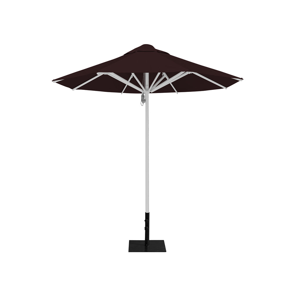 8' Saville octagonal outdoor umbrella from Extreme Canopy with brown canopy, durable silver frame, and 26lb base plate for stability.