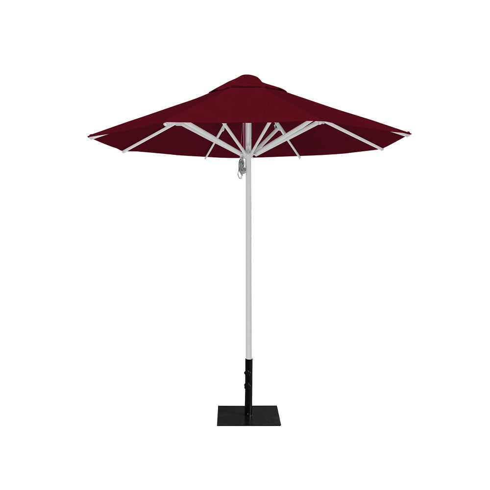 8' Saville octagonal outdoor umbrella from Extreme Canopy with burgundy canopy, durable silver frame, and 26lb base plate for stability.