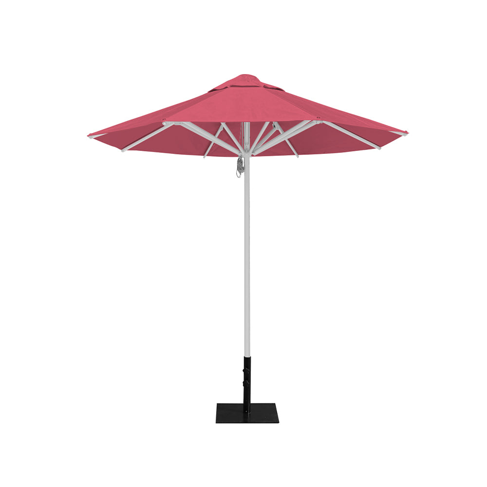 8' Saville octagonal outdoor umbrella from Extreme Canopy with coral canopy, durable silver frame, and 26lb base plate for stability.