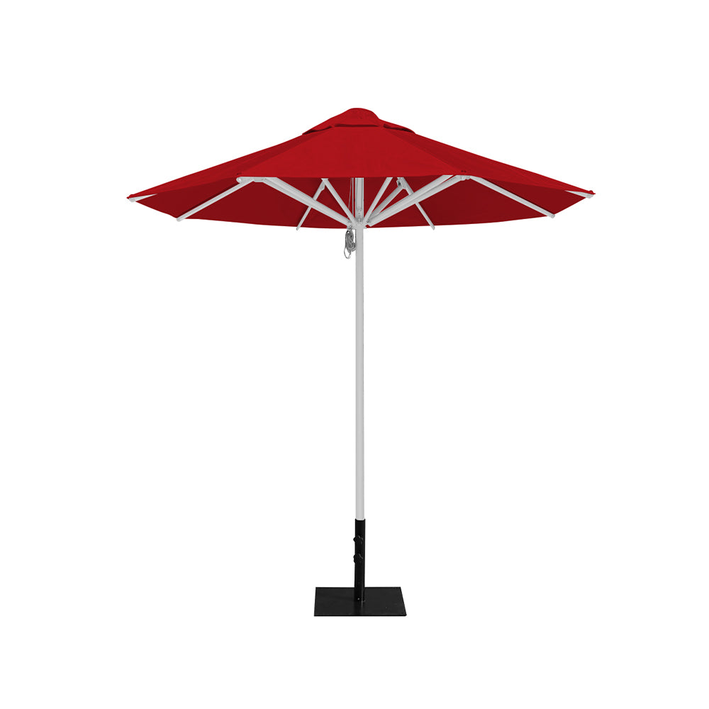 8' Saville octagonal outdoor umbrella from Extreme Canopy with red canopy, durable silver frame, and 26lb base plate for stability.