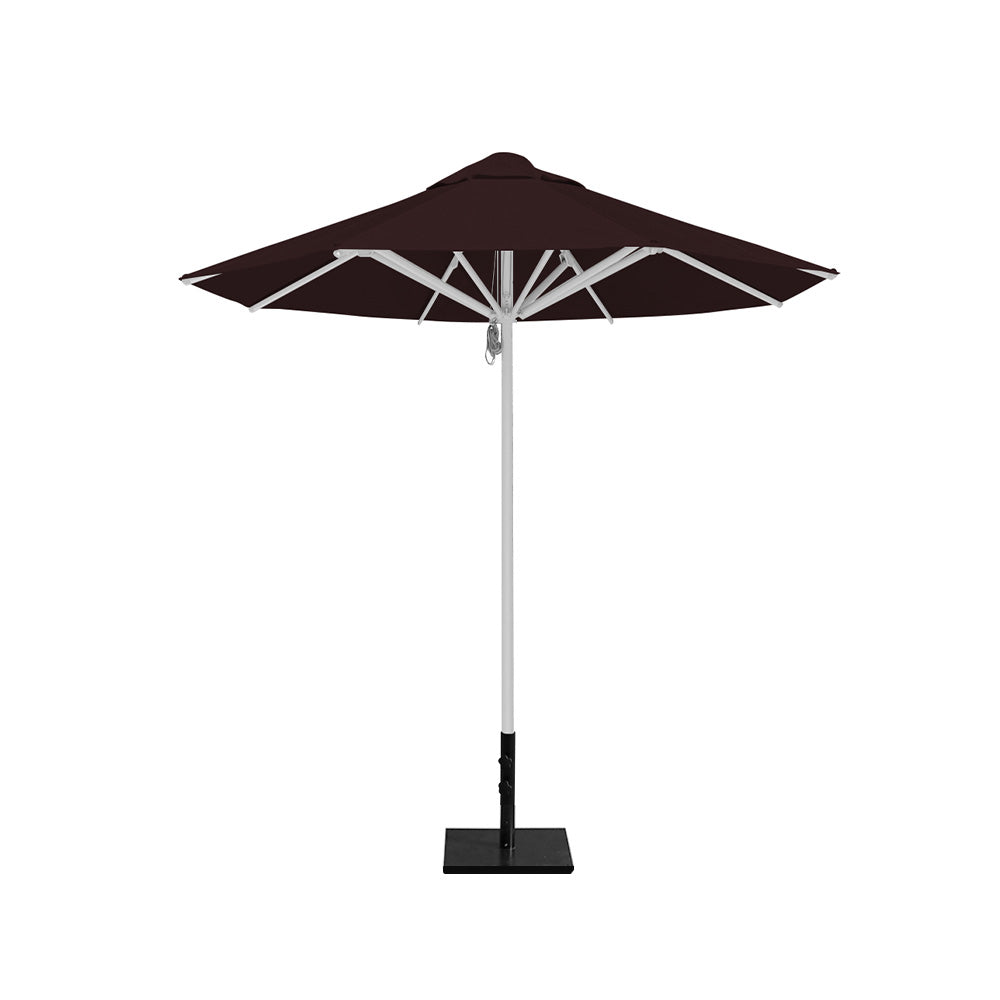 8' Saville octagonal outdoor umbrella from Extreme Canopy with brown canopy, durable silver frame, and 50lb steel base for stability.
