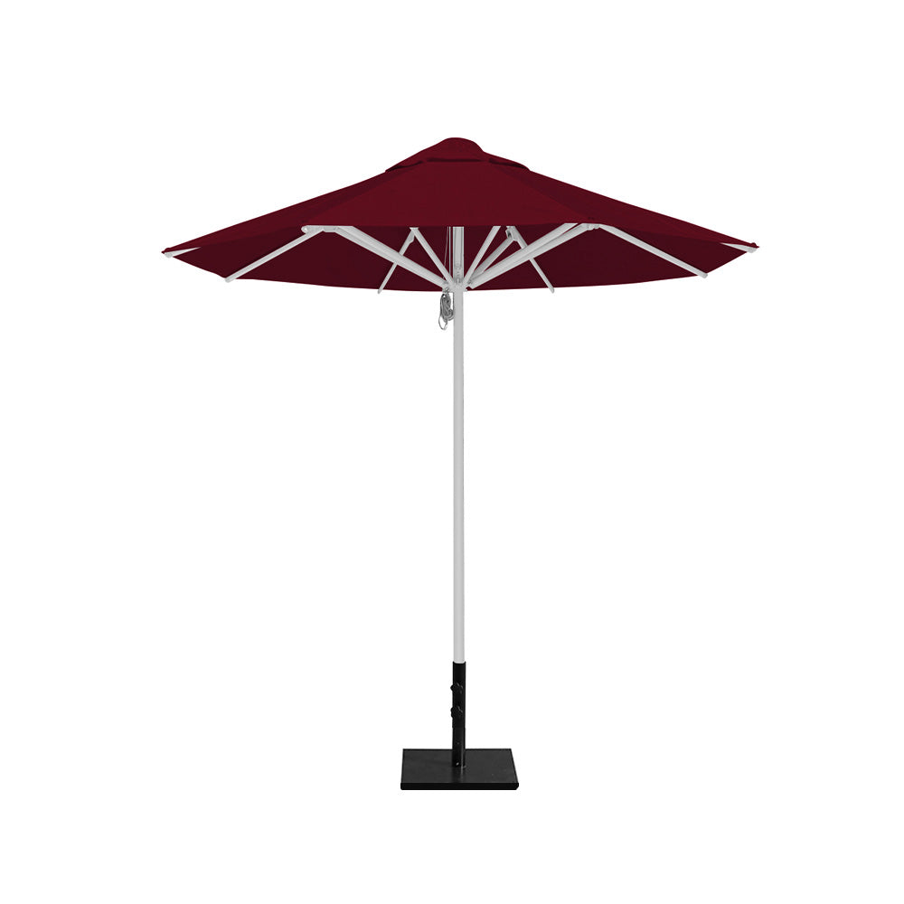8' Saville octagonal outdoor umbrella from Extreme Canopy with burgundy canopy, durable silver frame, and 50lb steel base for stability.