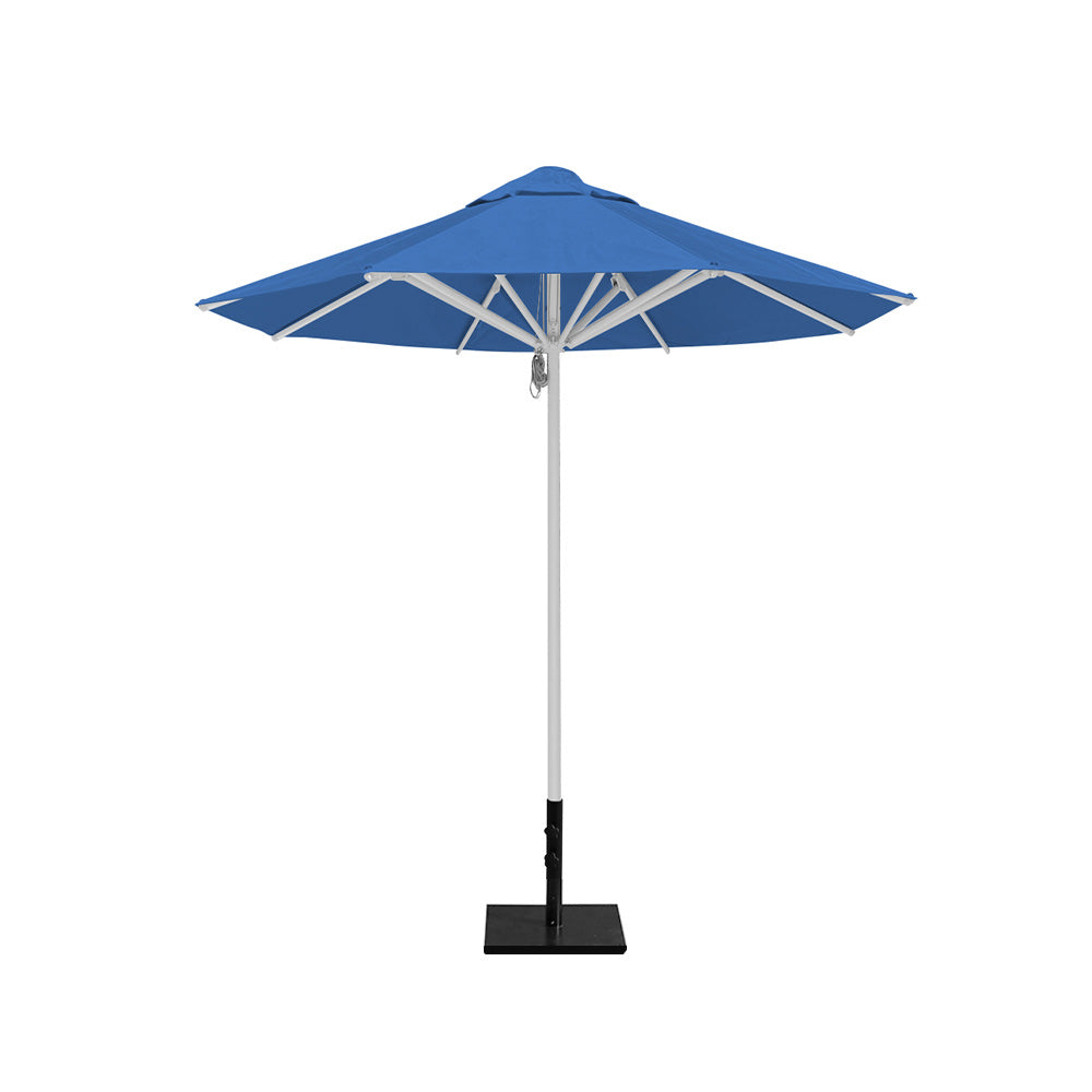 8' Saville octagonal outdoor umbrella from Extreme Canopy with capri blue canopy, durable silver frame, and 50lb steel base for stability.